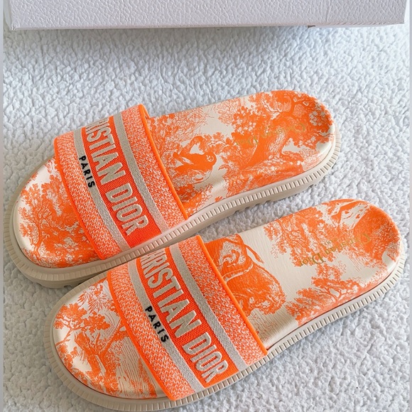 Authentic Christian Dior Dway Slides Sandals Fluo Toile de Jouy Embroidered - Picture 9 of 16